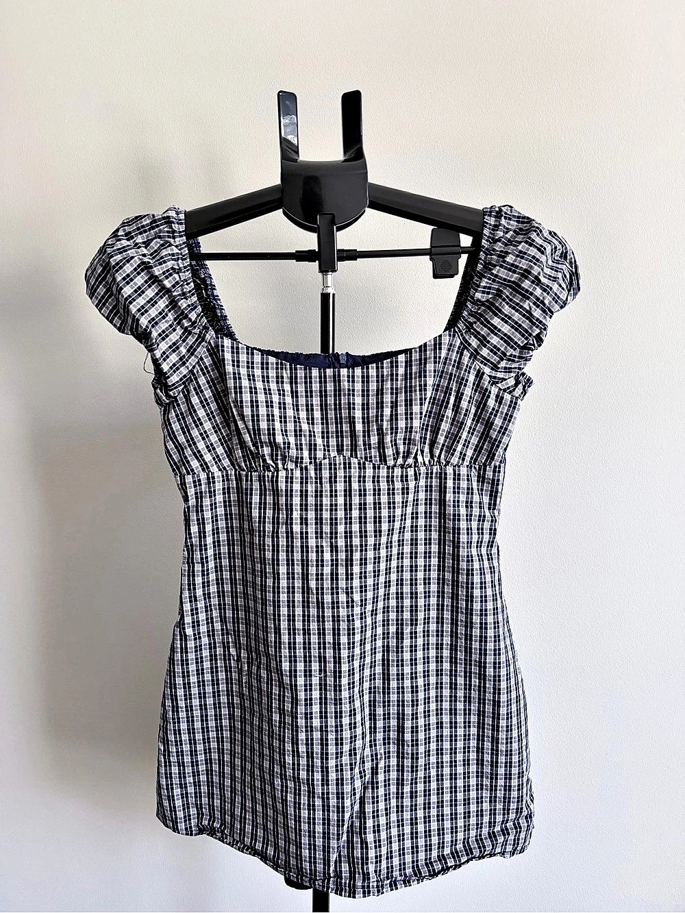 Princess Polly Blue & Gray Plaid Mini Dress Puff Sleeve